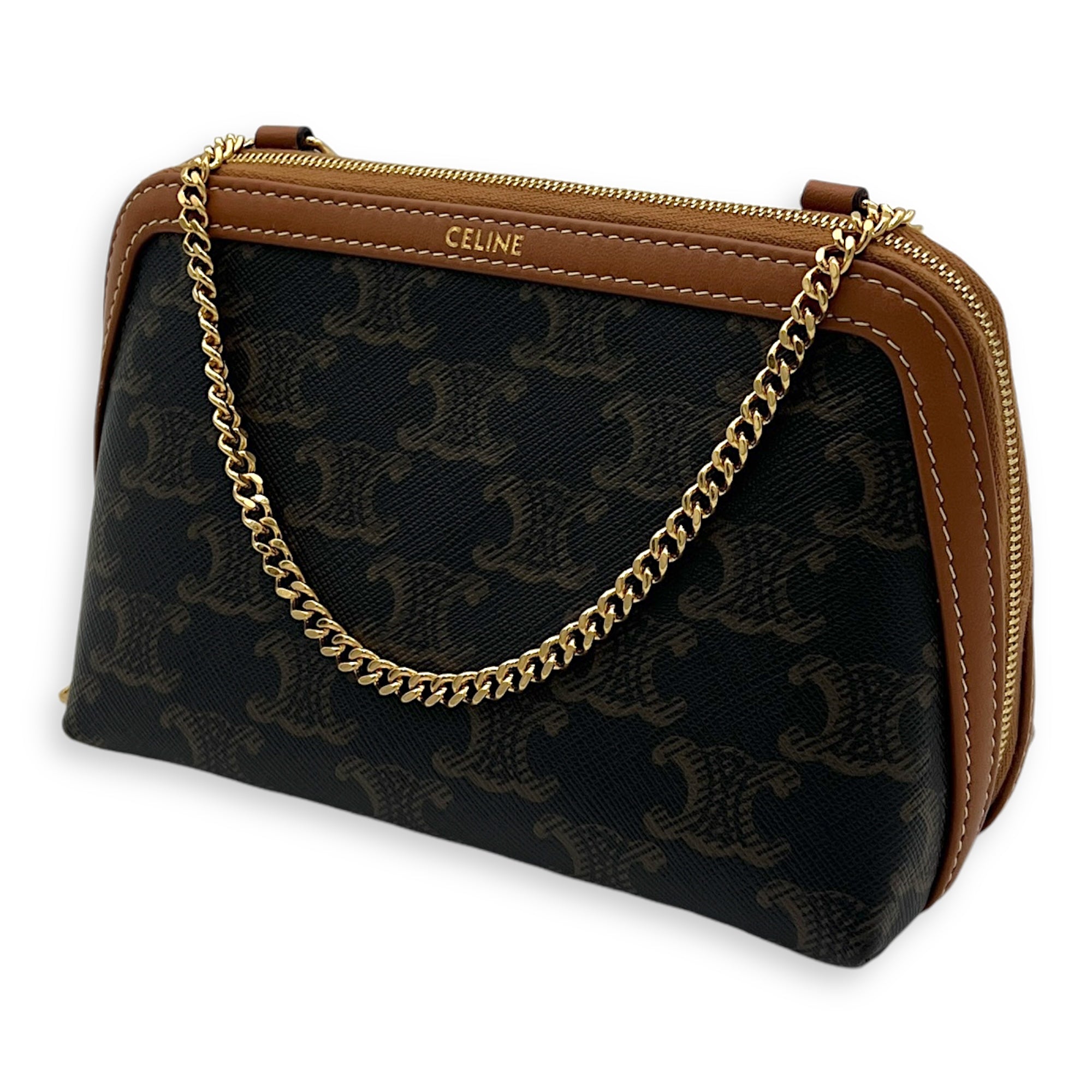Triomphe Clutch On Chain Shoulder Bag Brown in Coated Canvas, Gold hardware - Image 4