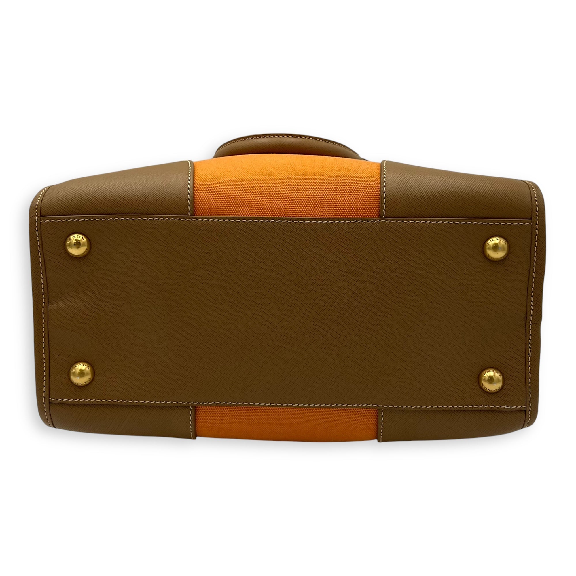 Logo Orange and Brown Top Handle Bag in Saffiano Leather and Canvas, Gold hardware - Image 7