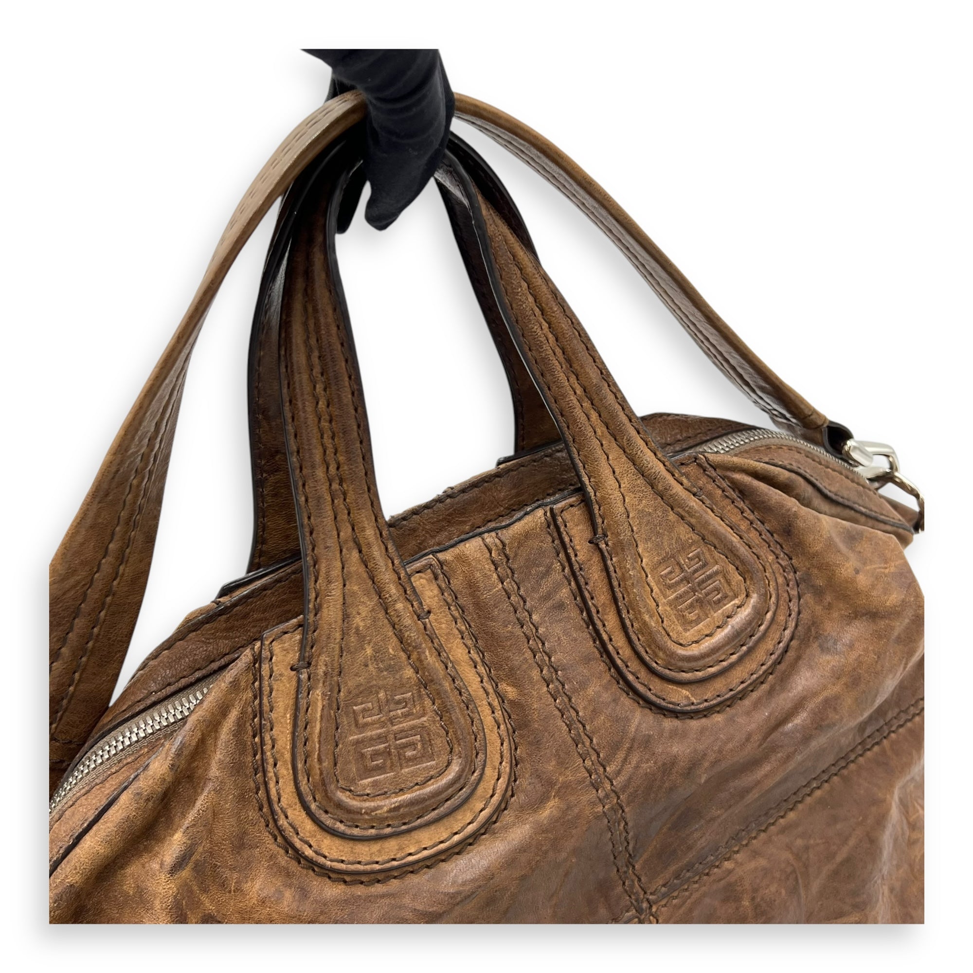 Nightingale Small Brown Top Handle Bag in Distressed Leather, Silver hardware - Image 7