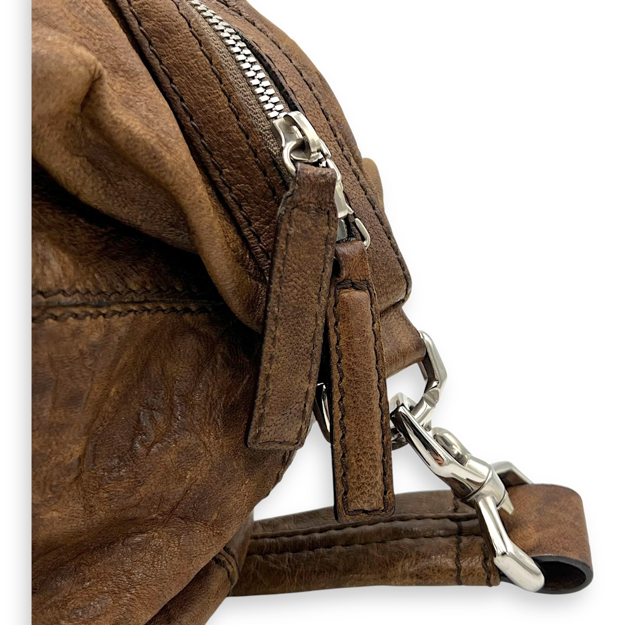 Nightingale Small Brown Top Handle Bag in Distressed Leather, Silver hardware - Image 8