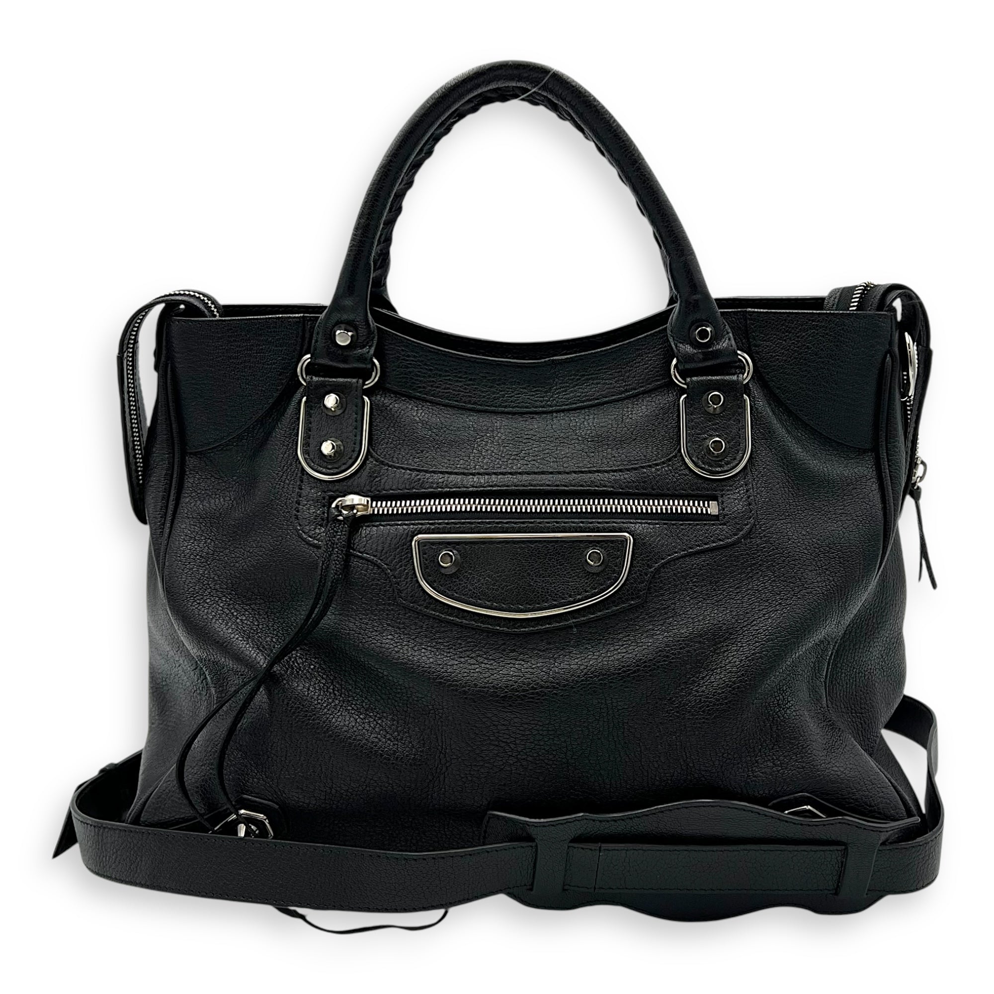 Metallic Edge Velo Black Top Handle Bag in Goat Leather, Silver hardware - Image 8