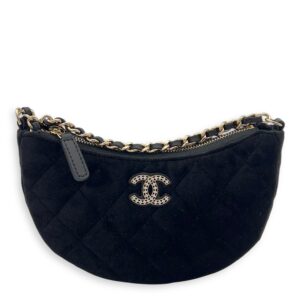 VIP Gift Crystal Quilted Black Crossbody Bag in Velvet, Gold hardware