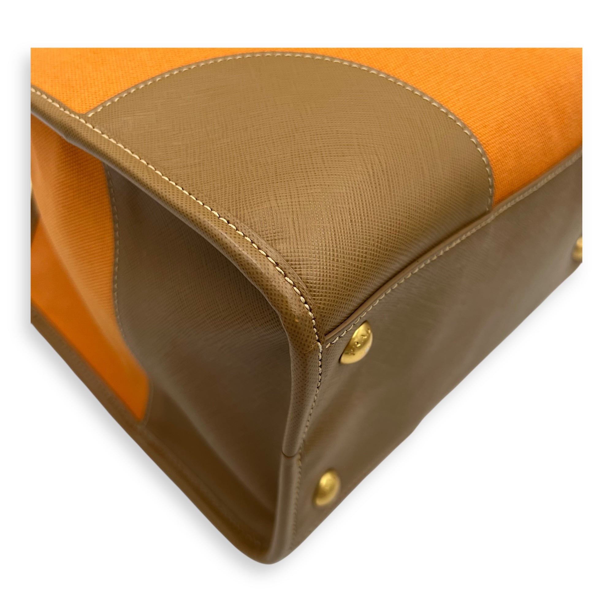 Logo Orange and Brown Top Handle Bag in Saffiano Leather and Canvas, Gold hardware - Image 13