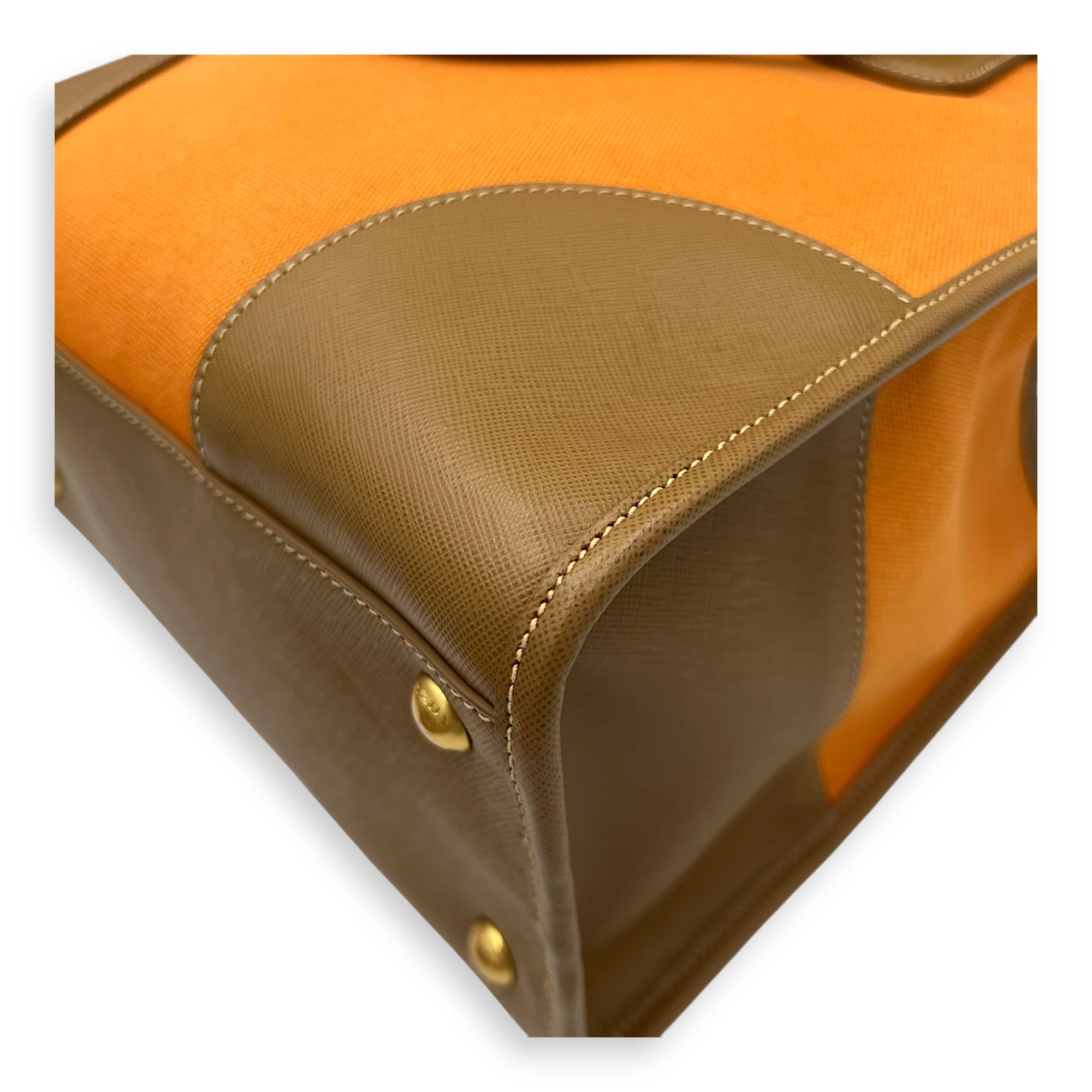Logo Orange and Brown Top Handle Bag in Saffiano Leather and Canvas, Gold hardware - Image 12