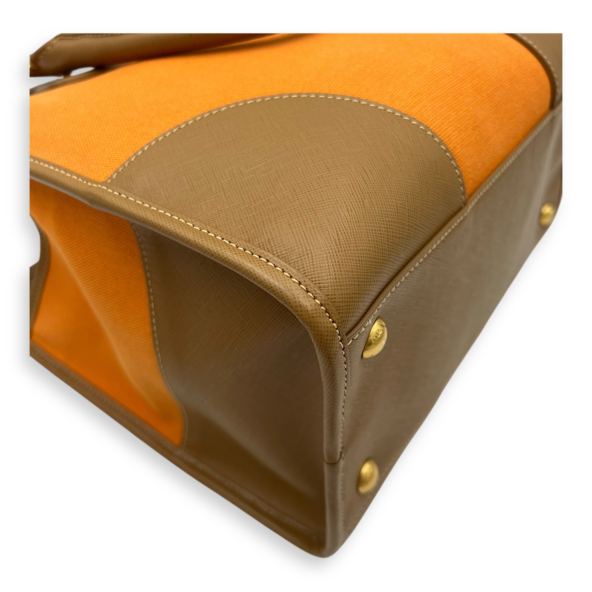 Logo Orange and Brown Top Handle Bag in Saffiano Leather and Canvas, Gold hardware - Image 11