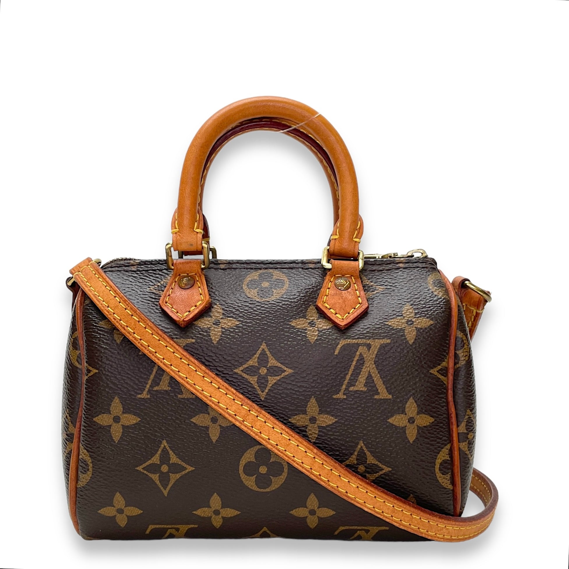 Speedy Bandouliere Top Handle Bag Nano Brown in Monogram Coated Canvas, Gold hardware