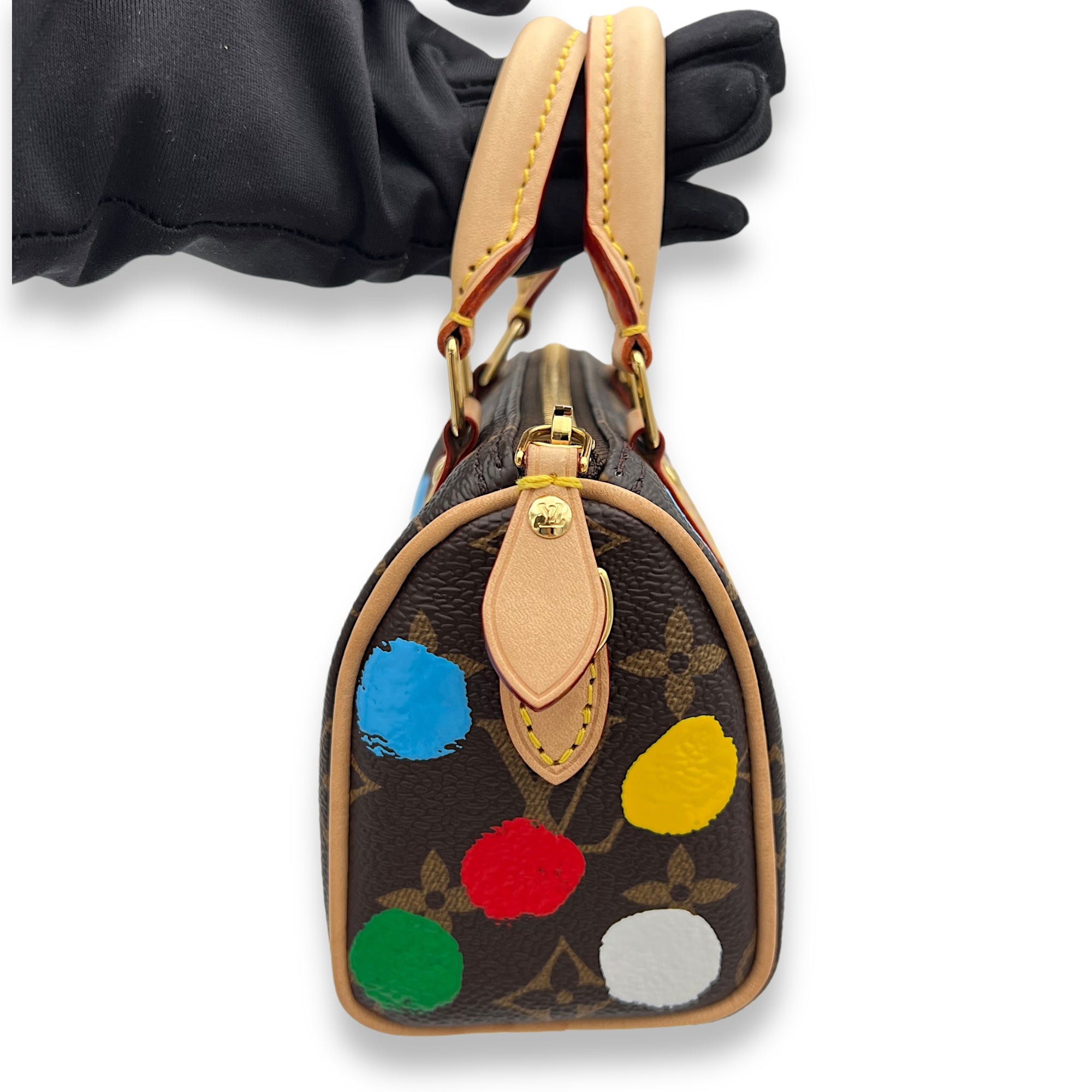 Speedy Bandouliere X Yayoi Kusama Nano Brown Top Handle Bag in Monogram Coated Canvas, Gold hardware - Image 3