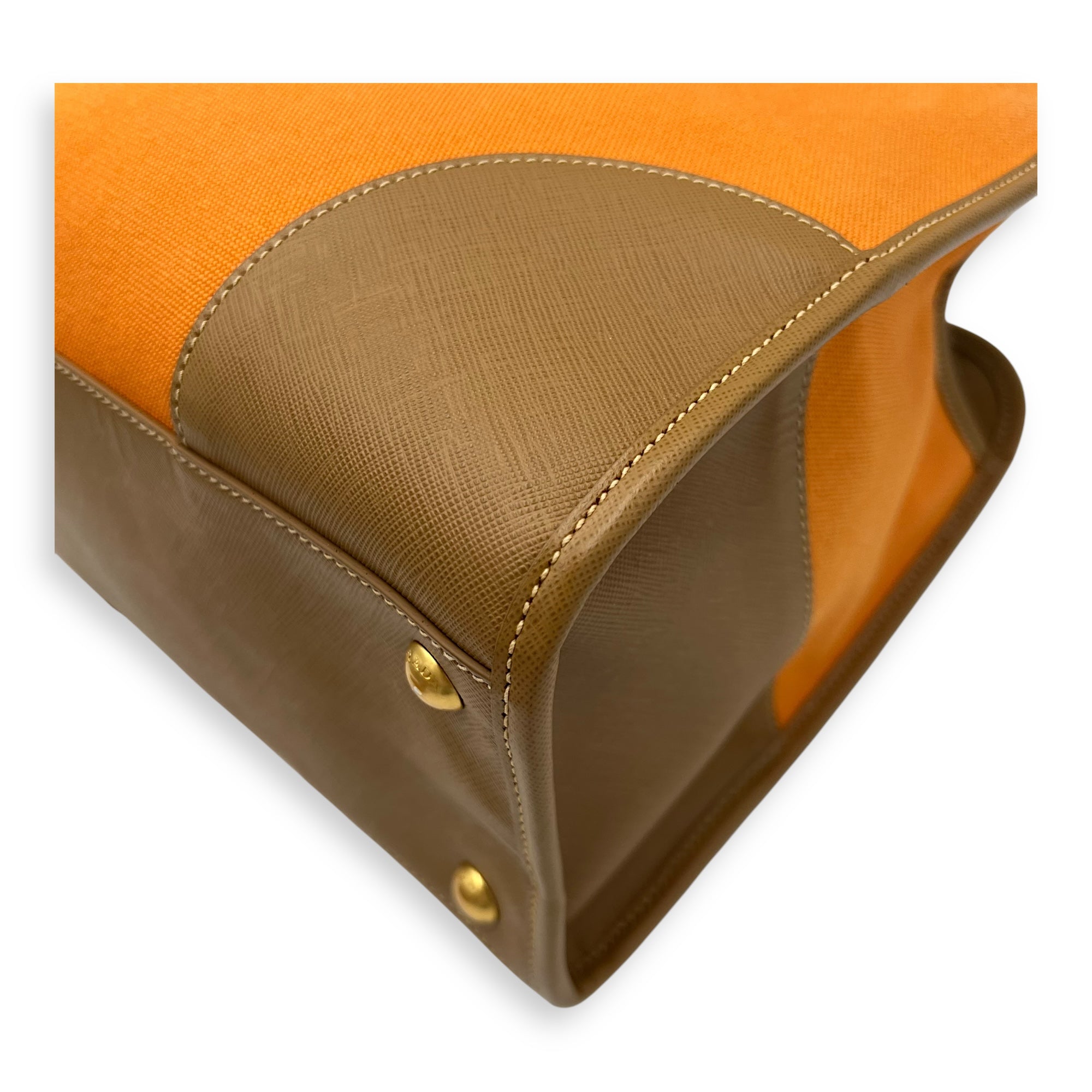 Logo Orange and Brown Top Handle Bag in Saffiano Leather and Canvas, Gold hardware - Image 10