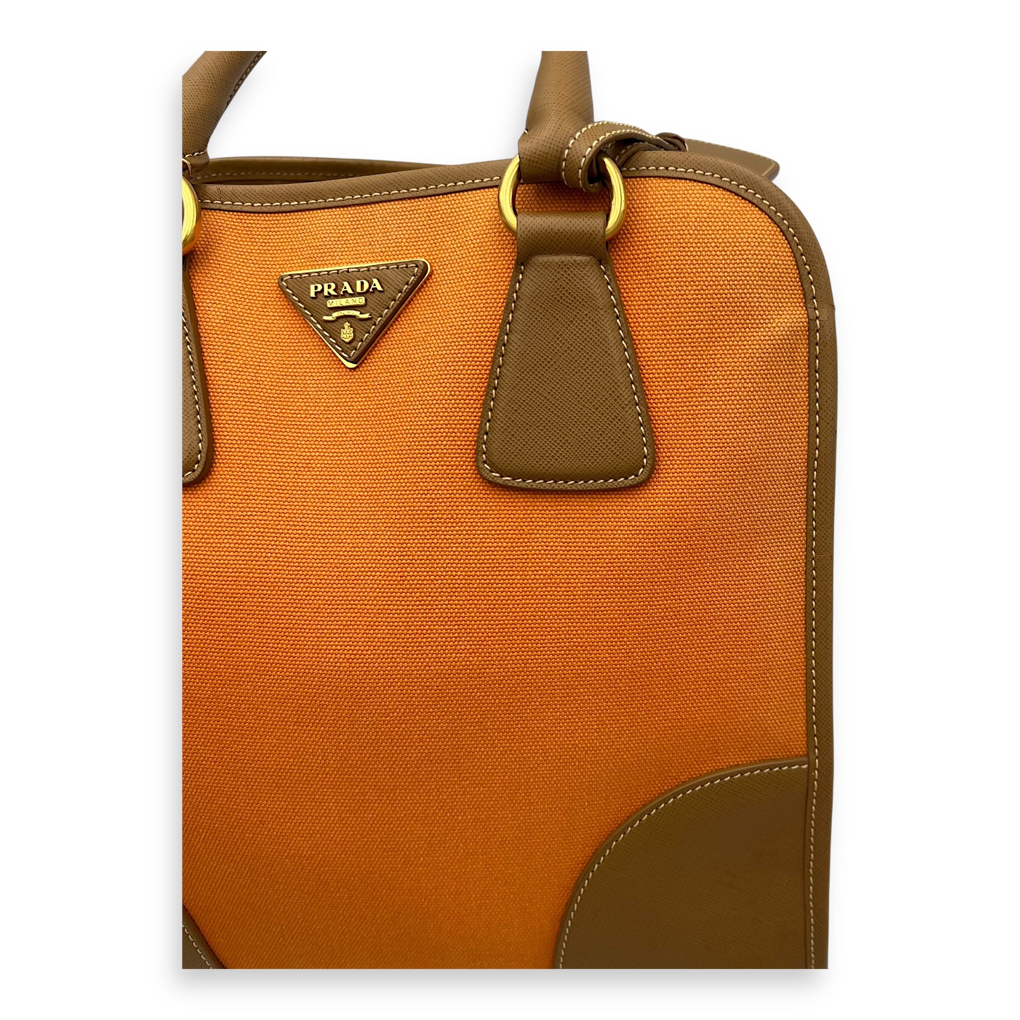 Logo Orange and Brown Top Handle Bag in Saffiano Leather and Canvas, Gold hardware - Image 9