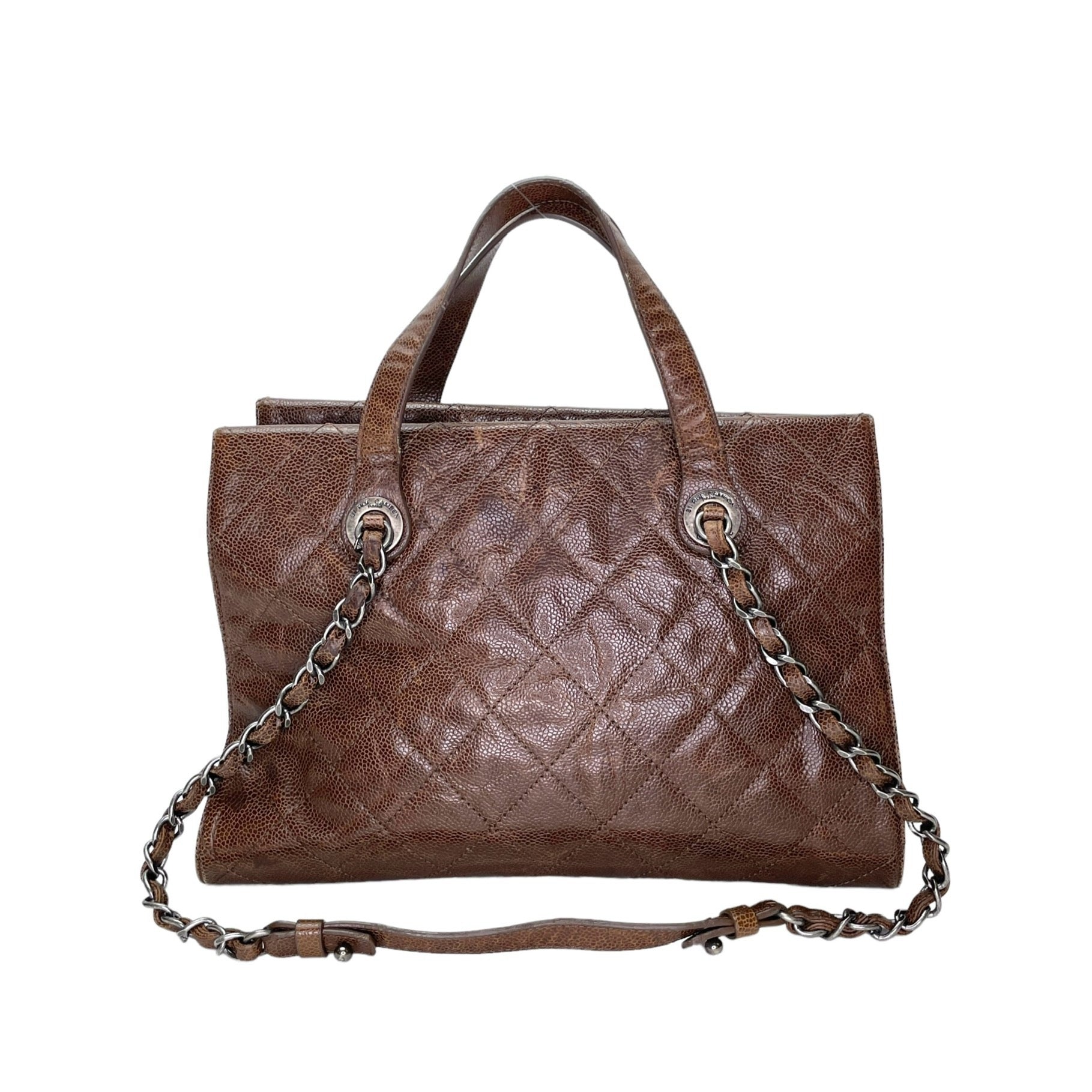 Two-way Brown Top Handle Bag in Caviar Leather, Ruthenium hardware - Image 2