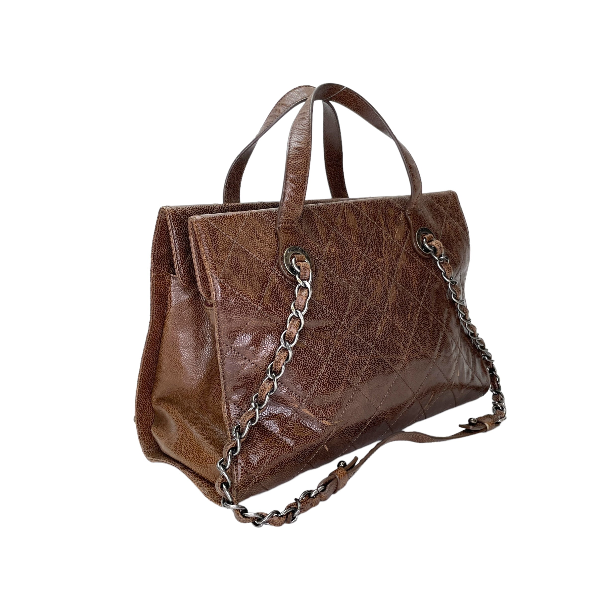 Two-way Brown Top Handle Bag in Caviar Leather, Ruthenium hardware - Image 3