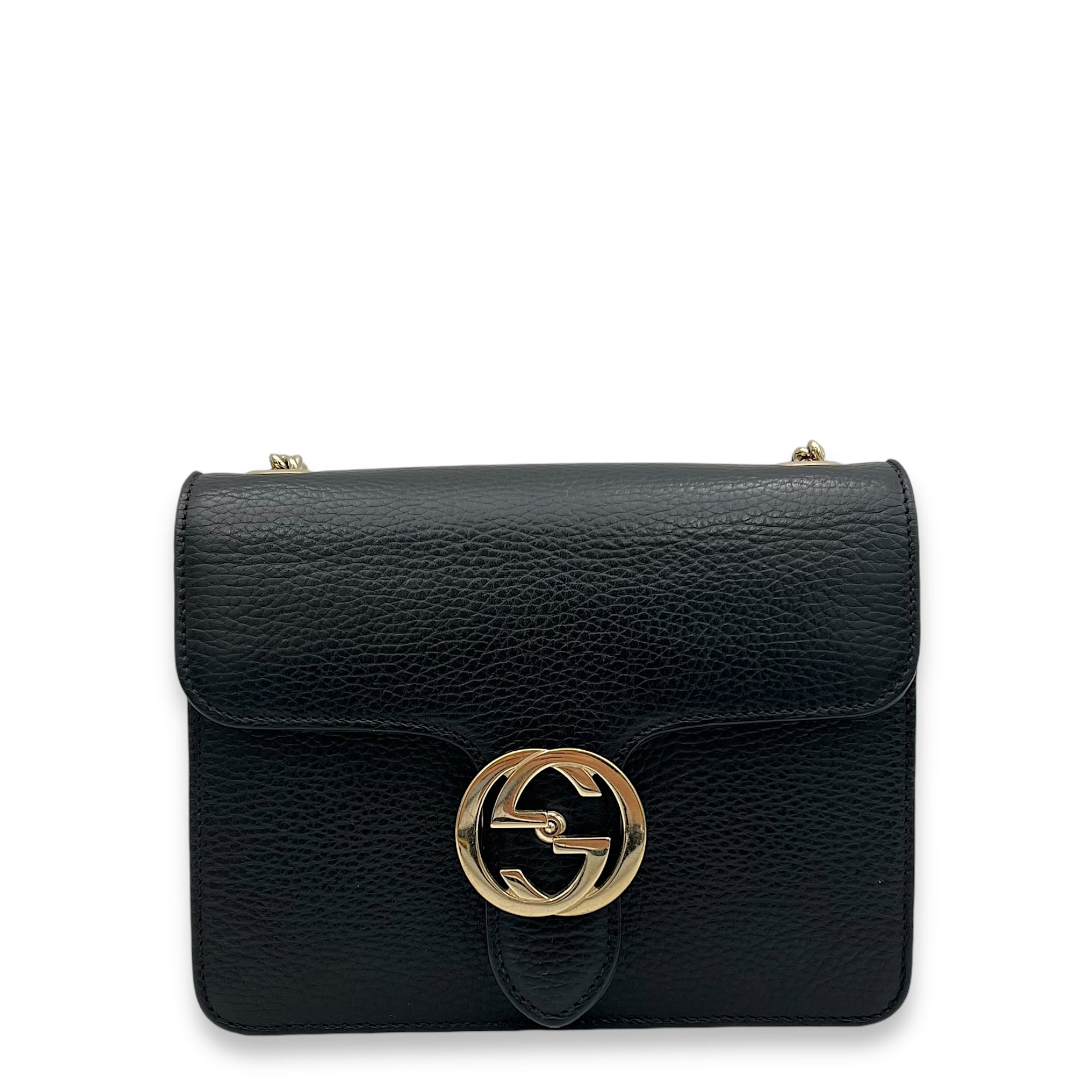 Interlocking G Small Black Crossbody Bag in Calfskin, Light Gold hardware