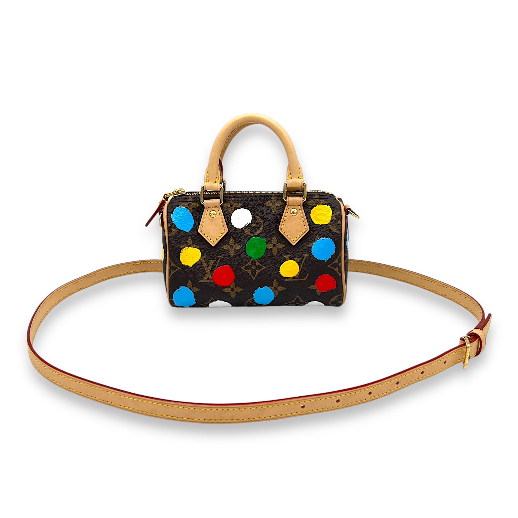 Speedy Bandouliere X Yayoi Kusama Nano Brown Top Handle Bag in Monogram Coated Canvas, Gold hardware - Image 6