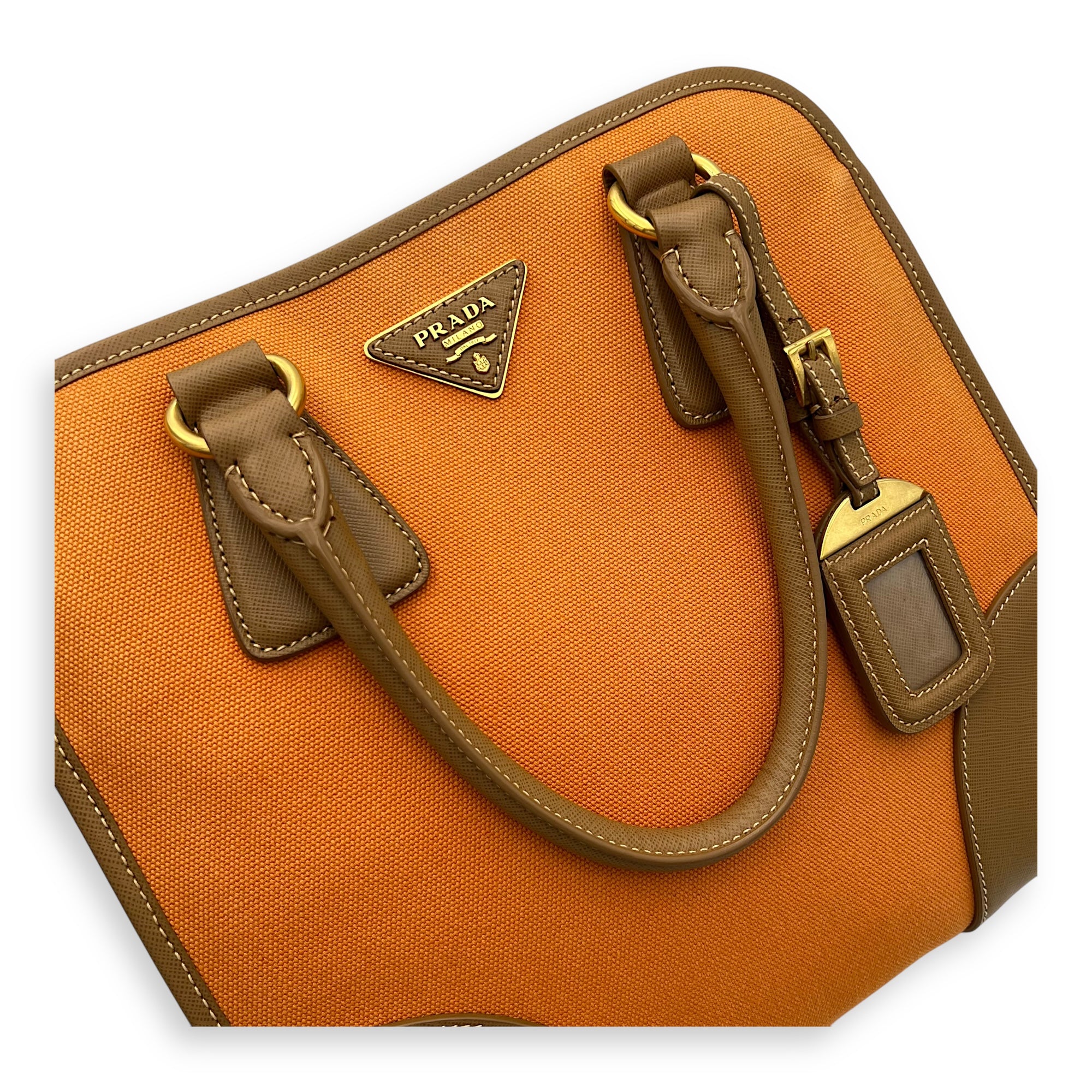 Logo Orange and Brown Top Handle Bag in Saffiano Leather and Canvas, Gold hardware - Image 17