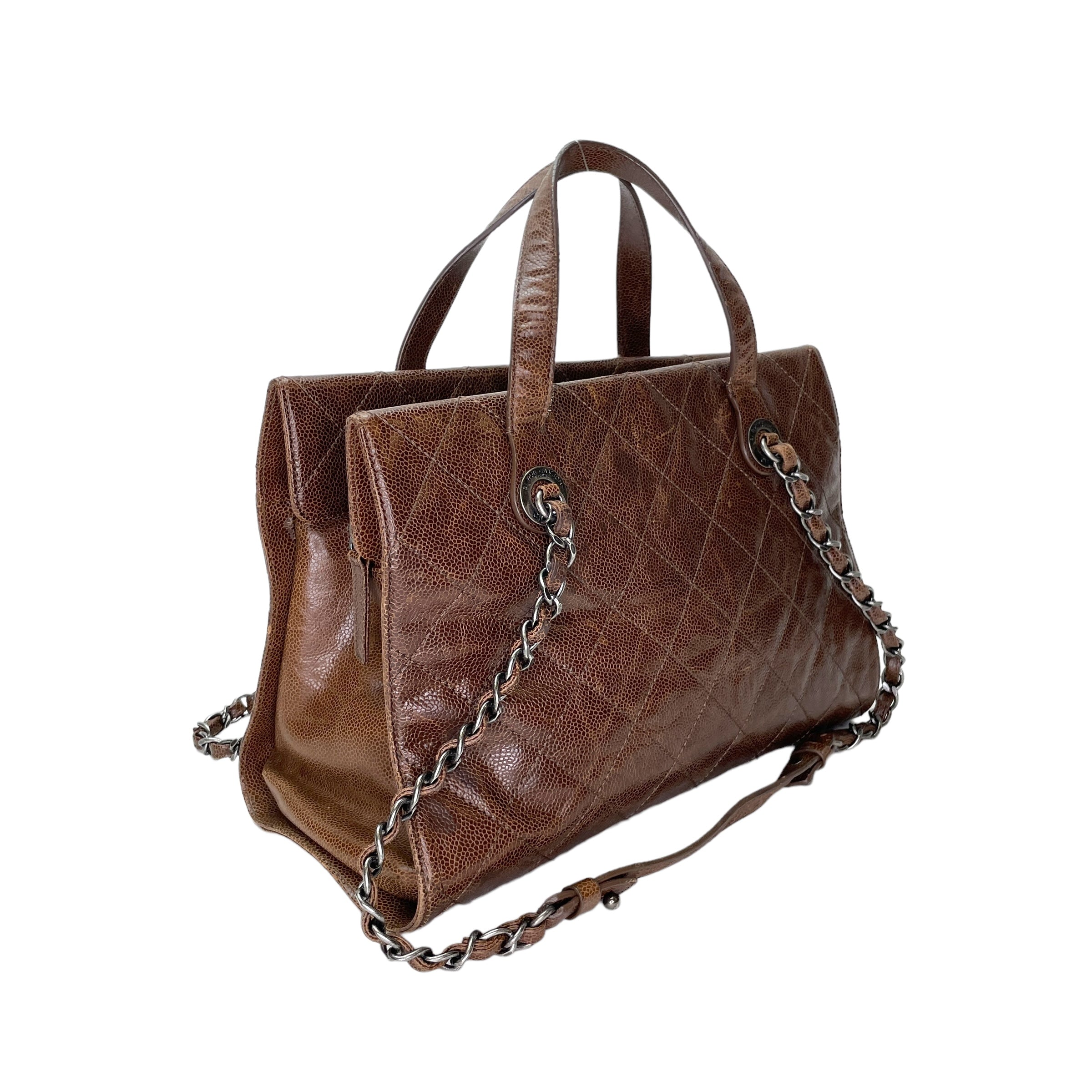 Two-way Brown Top Handle Bag in Caviar Leather, Ruthenium hardware - Image 4