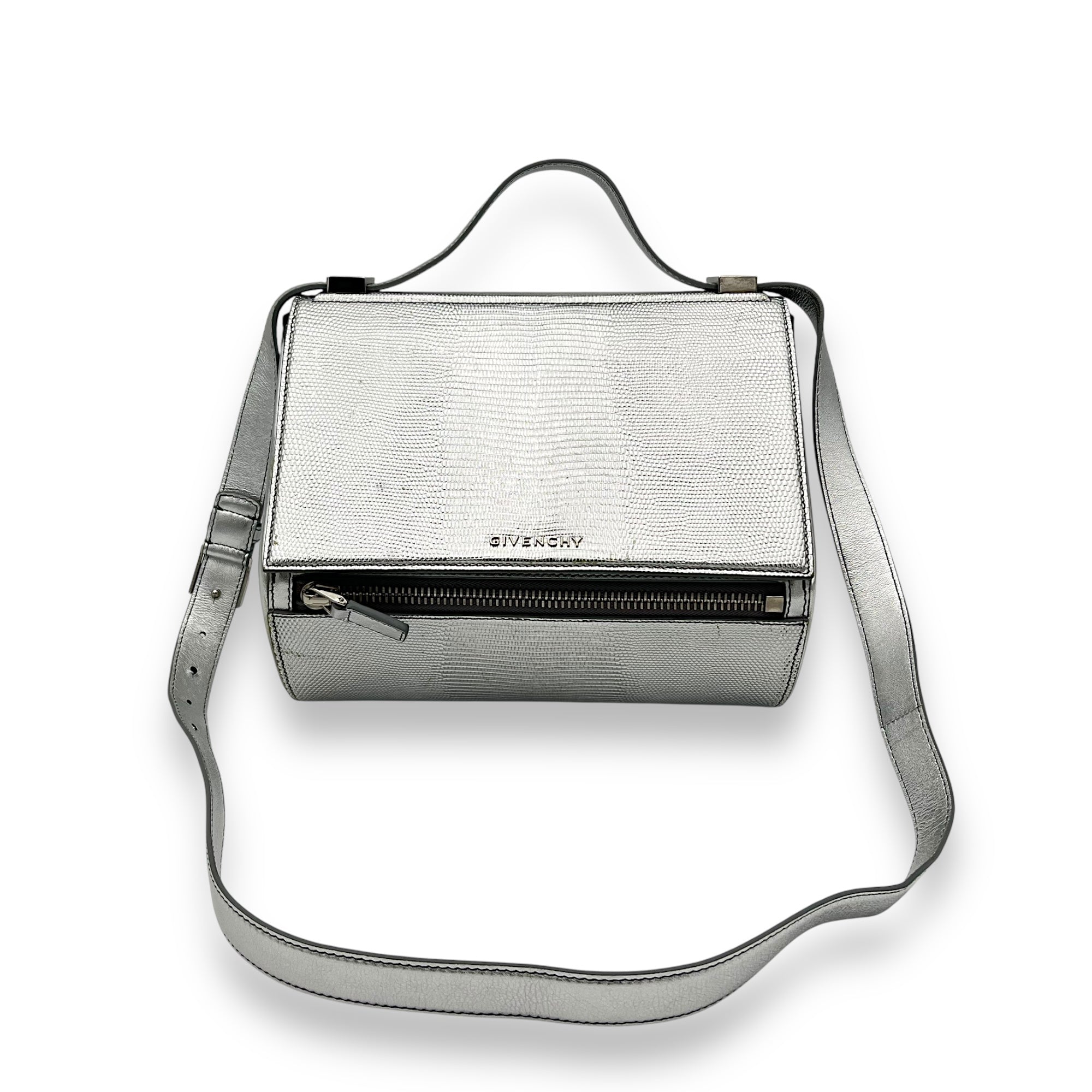 Pandora Box Medium Silver Crossbody Bag in Lizard Embossed Calfskin, Silver hardware - Image 9