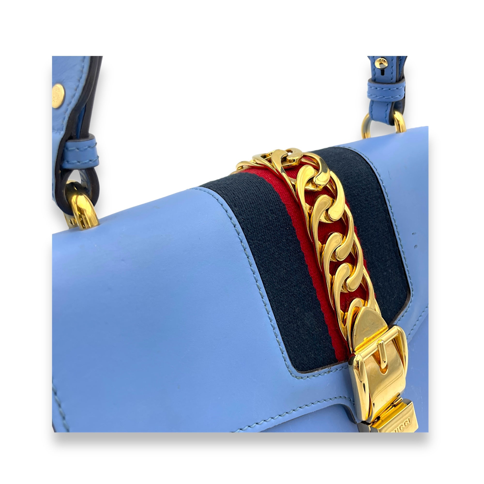 Sylvie Small Blue Shoulder Bag in Calfskin, Gold hardware - Image 6
