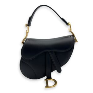 Saddle Mini Black Shoulder Bag in Calfskin, Gold hardware