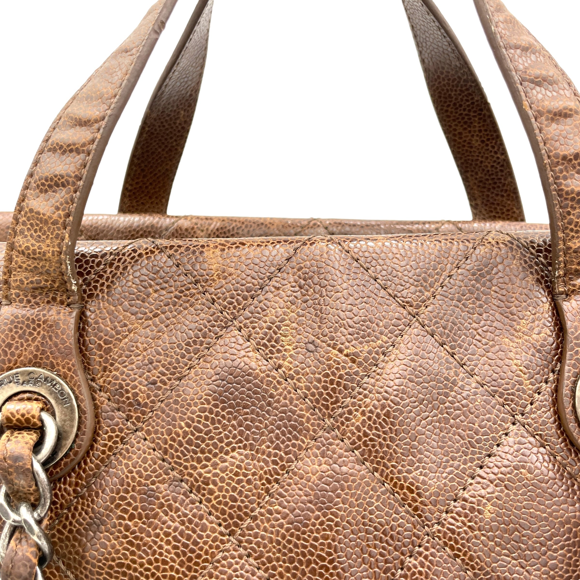 Two-way Brown Top Handle Bag in Caviar Leather, Ruthenium hardware - Image 7