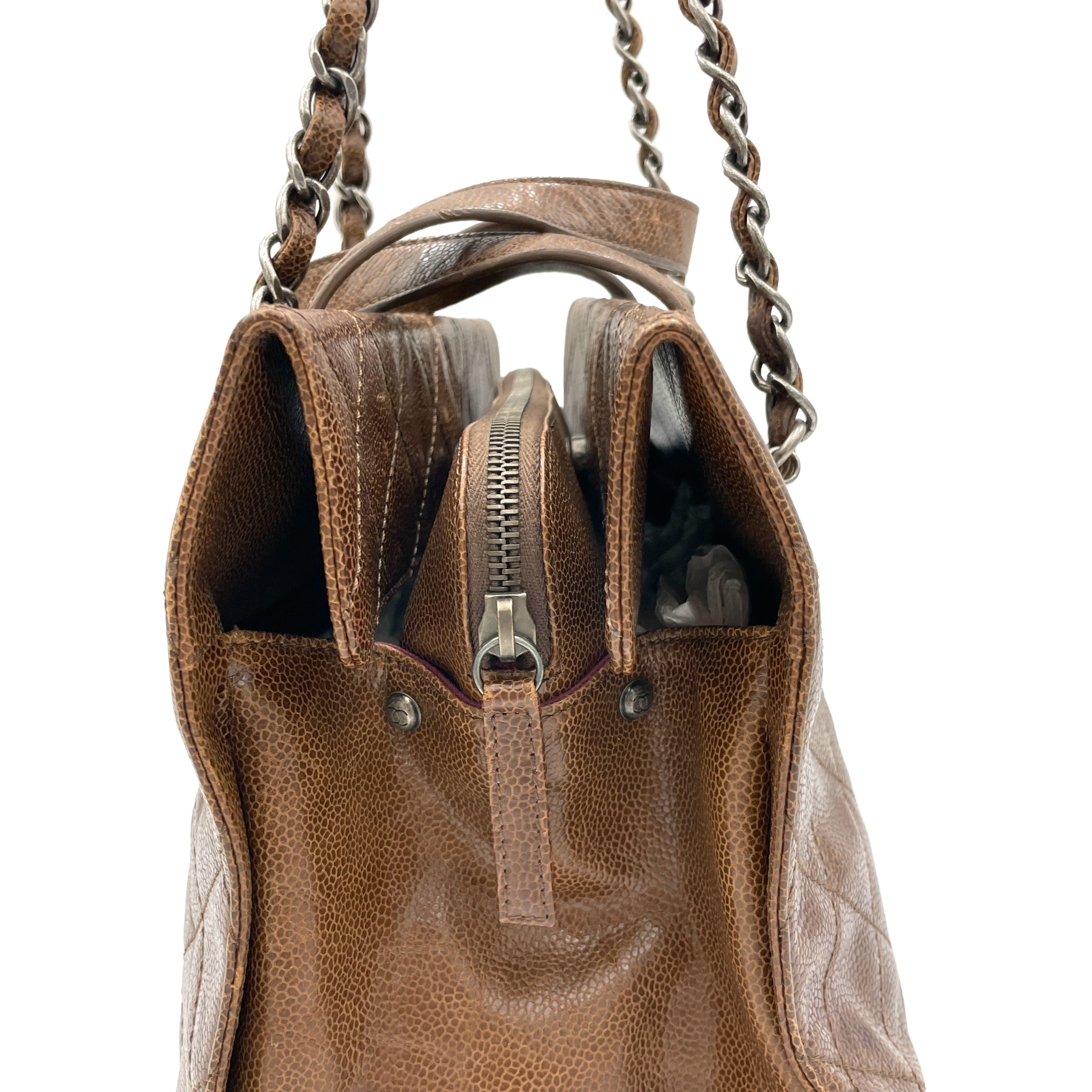 Two-way Brown Top Handle Bag in Caviar Leather, Ruthenium hardware - Image 8