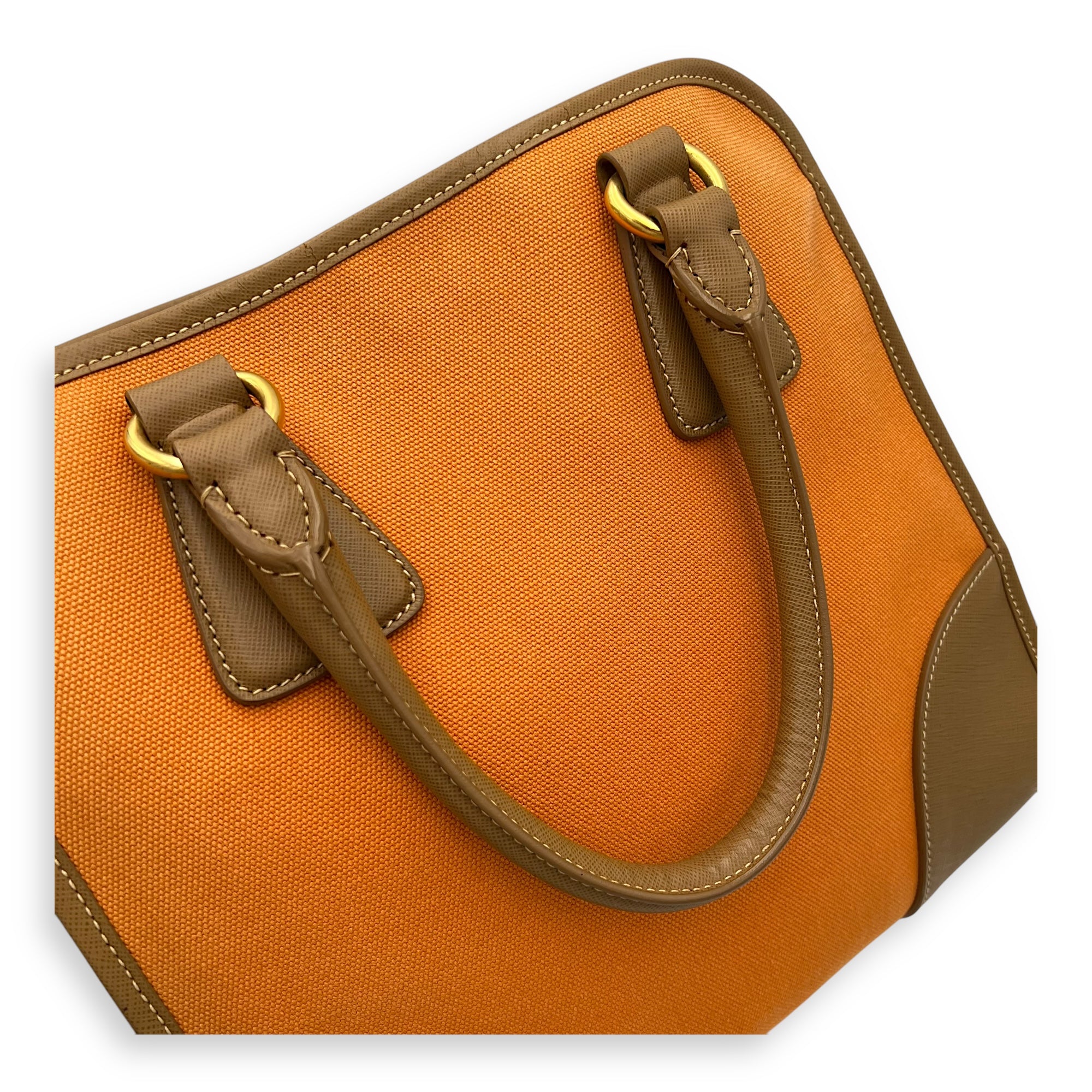 Logo Orange and Brown Top Handle Bag in Saffiano Leather and Canvas, Gold hardware - Image 22