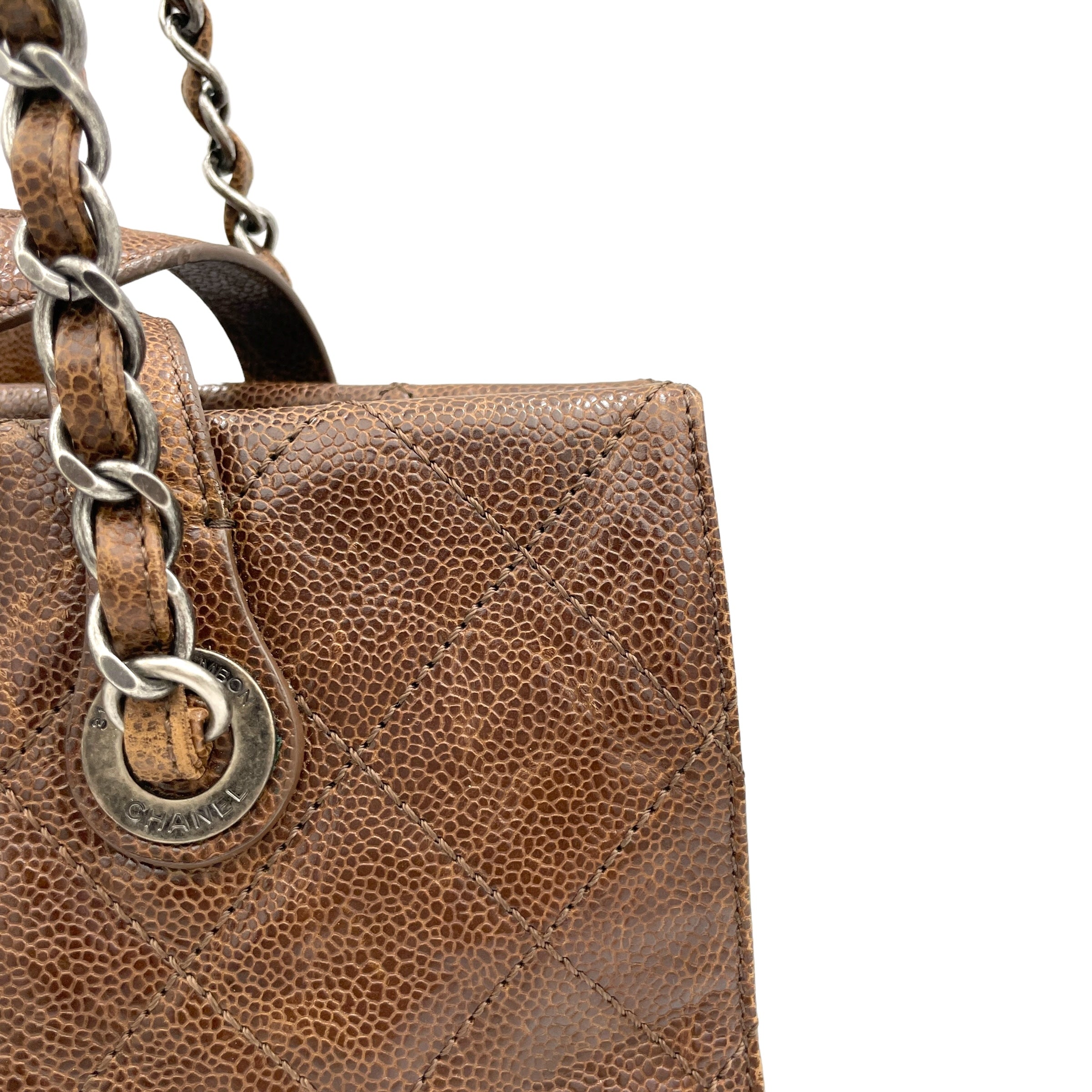 Two-way Brown Top Handle Bag in Caviar Leather, Ruthenium hardware - Image 9