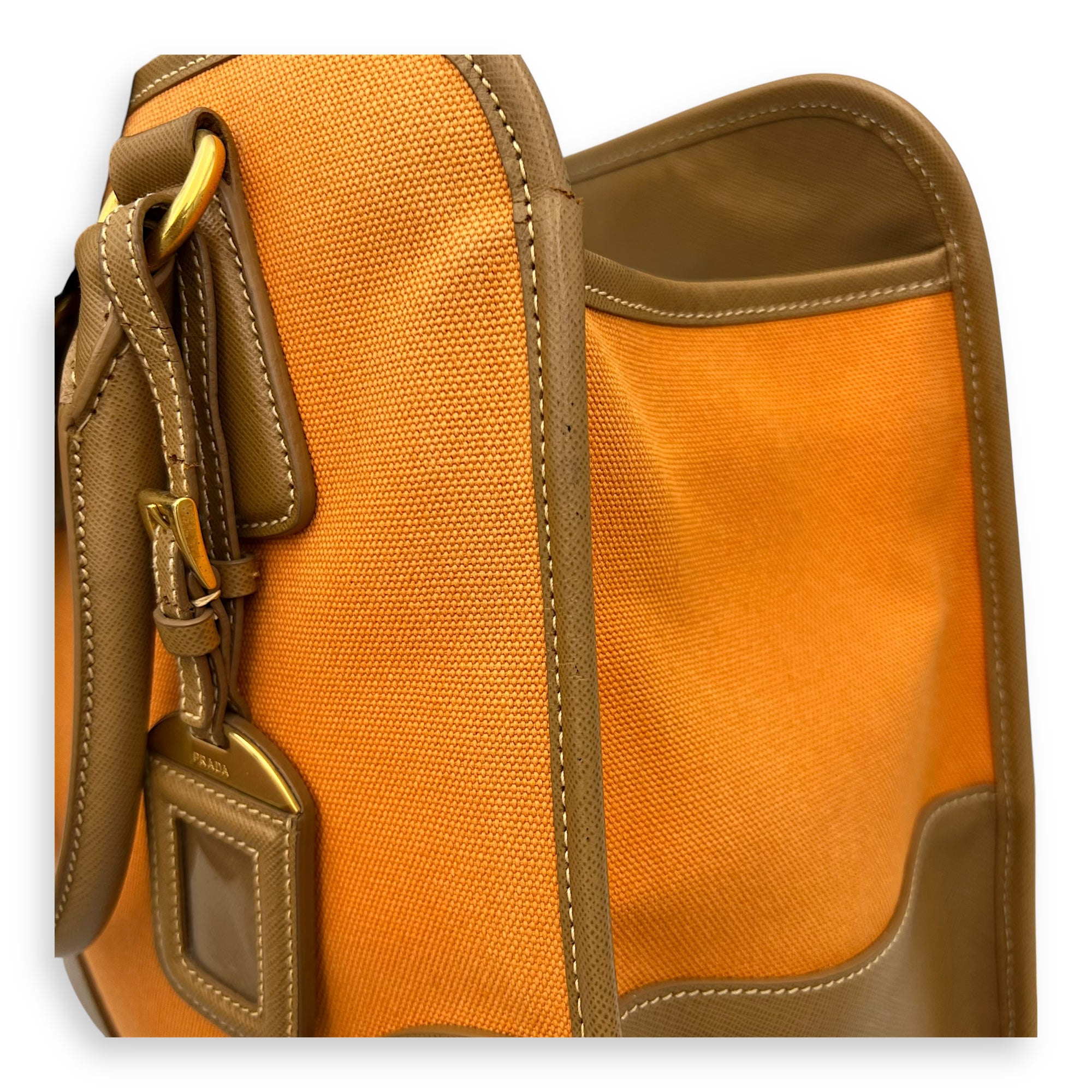 Logo Orange and Brown Top Handle Bag in Saffiano Leather and Canvas, Gold hardware - Image 28