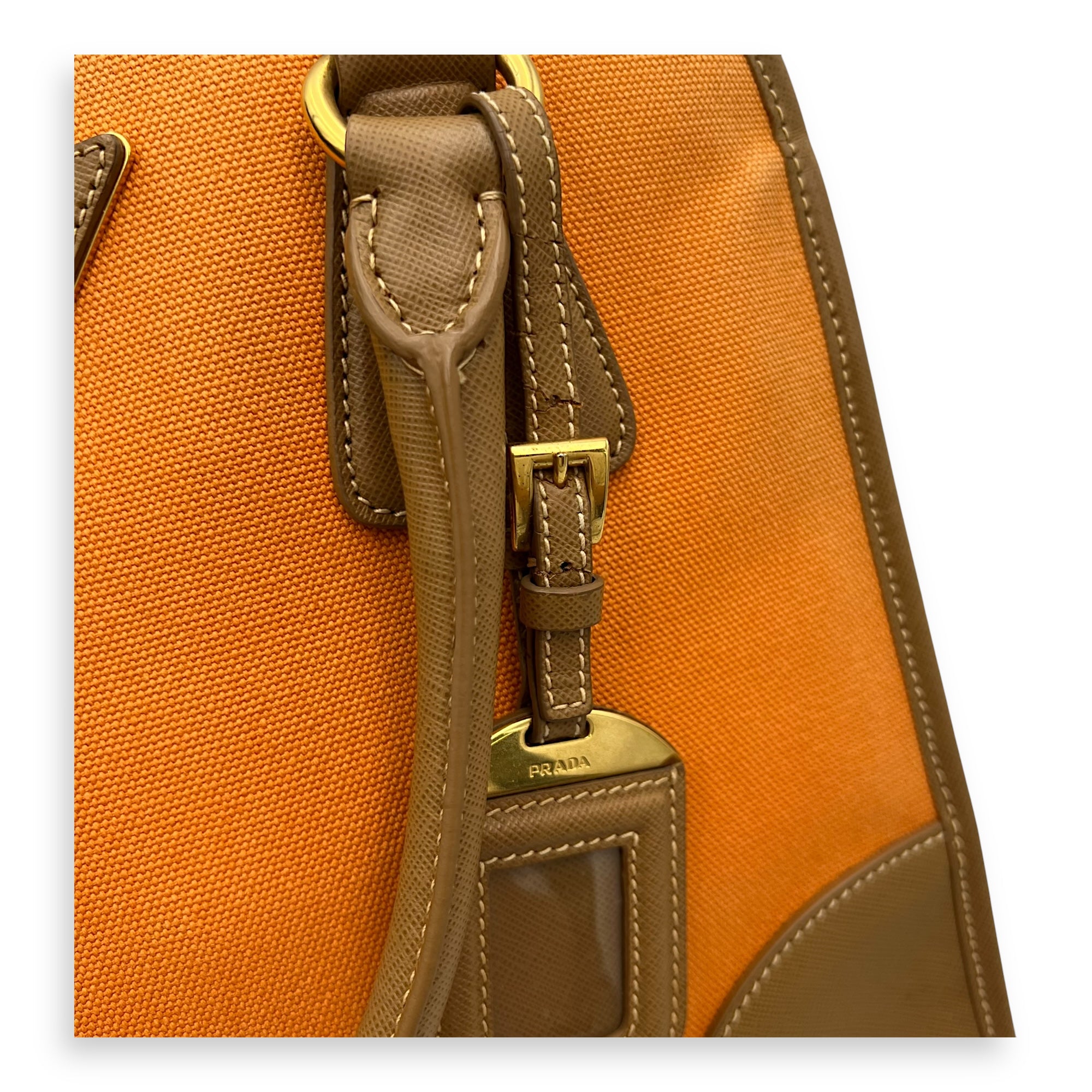 Logo Orange and Brown Top Handle Bag in Saffiano Leather and Canvas, Gold hardware - Image 27