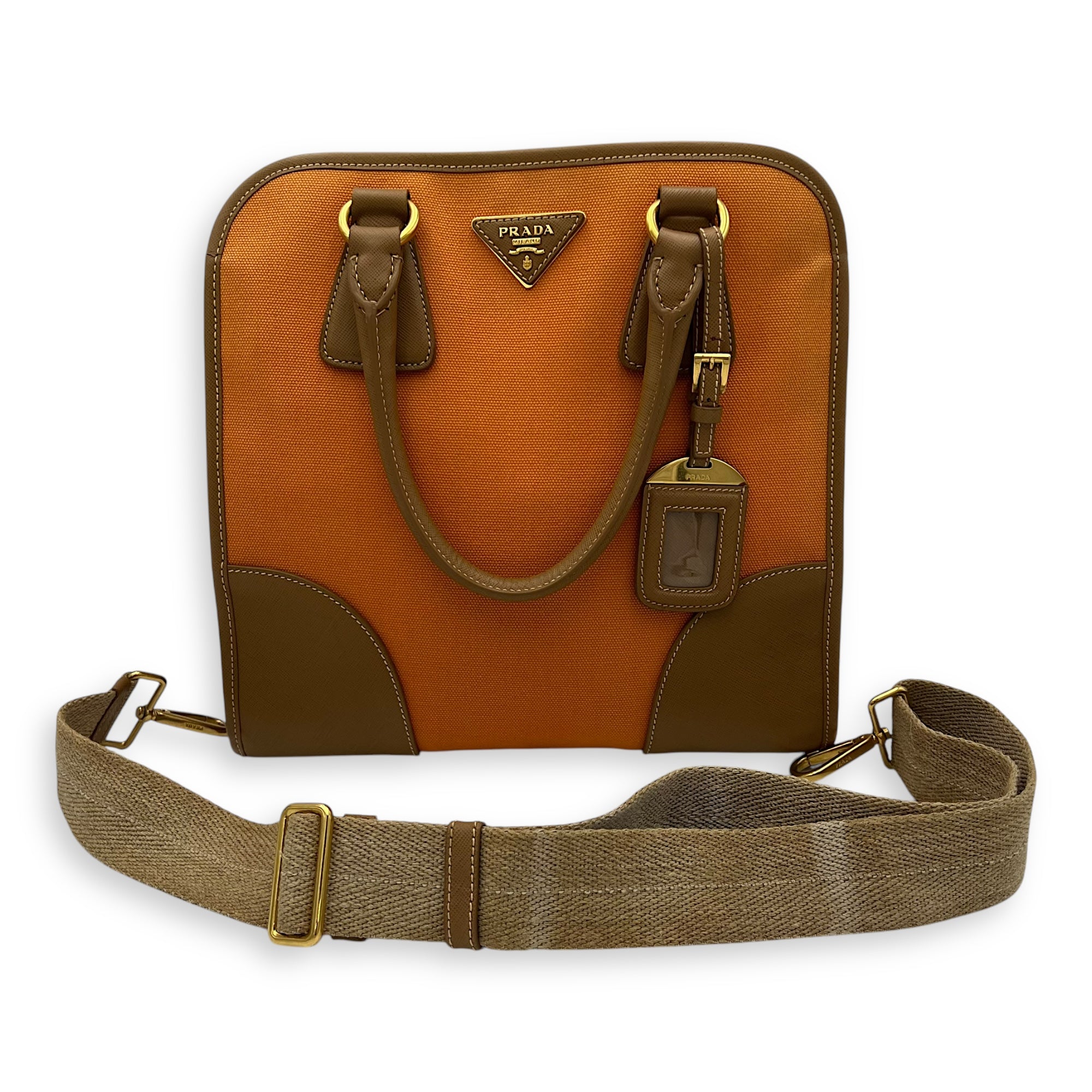 Logo Orange and Brown Top Handle Bag in Saffiano Leather and Canvas, Gold hardware - Image 26