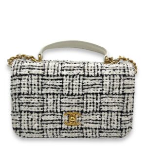 Quilted Seasonal Top Handle Bag White in Tweed, Gold hardware