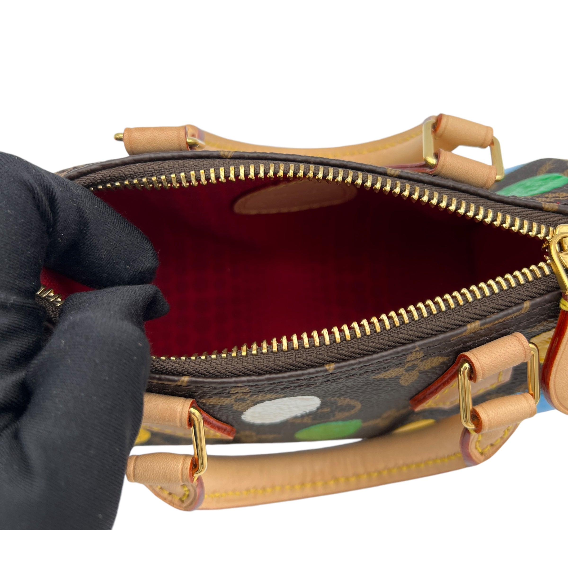 Speedy Bandouliere X Yayoi Kusama Nano Brown Top Handle Bag in Monogram Coated Canvas, Gold hardware - Image 7