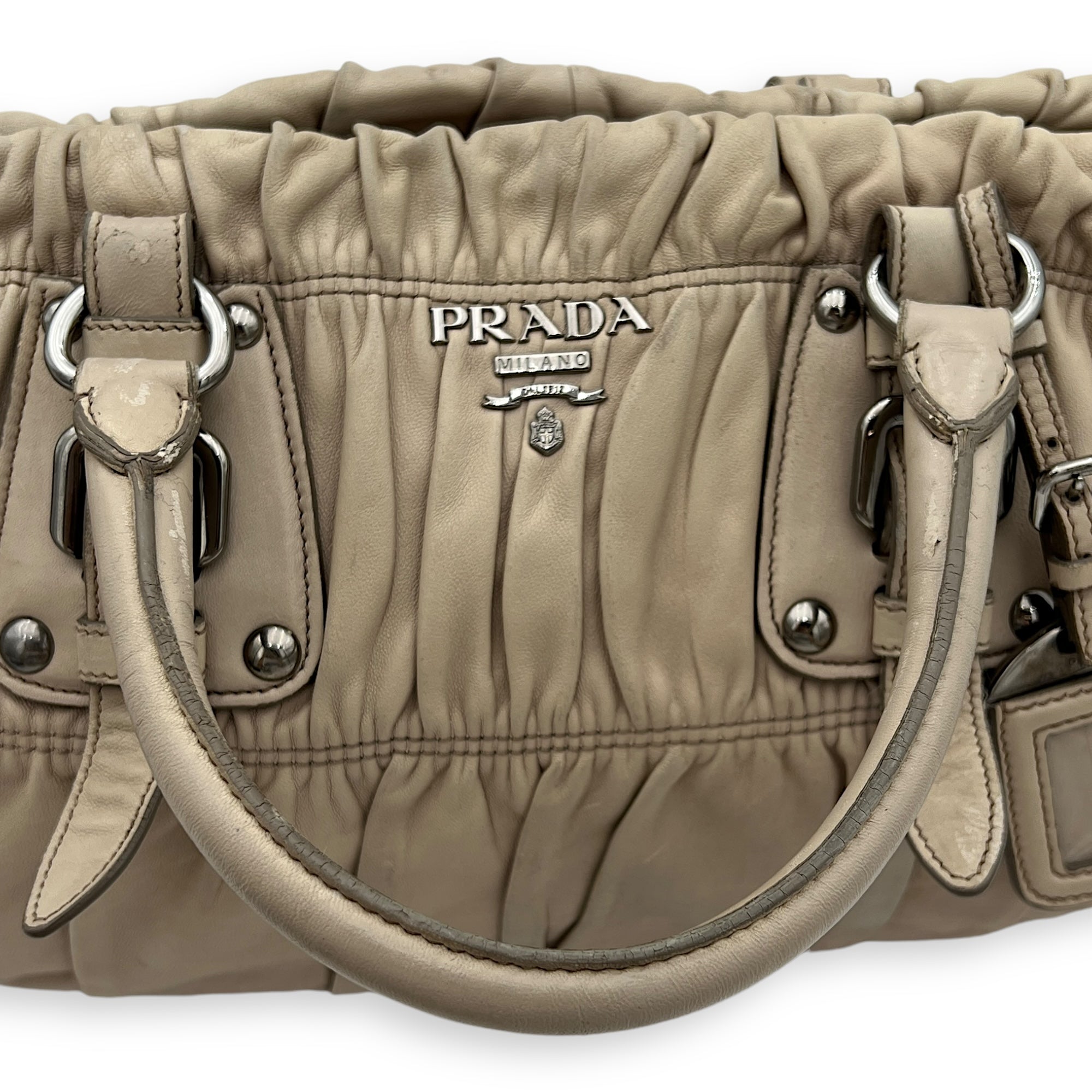 Gaufre Satchel Beige Top Handle Bag in Lambskin, Silver hardware - Image 9