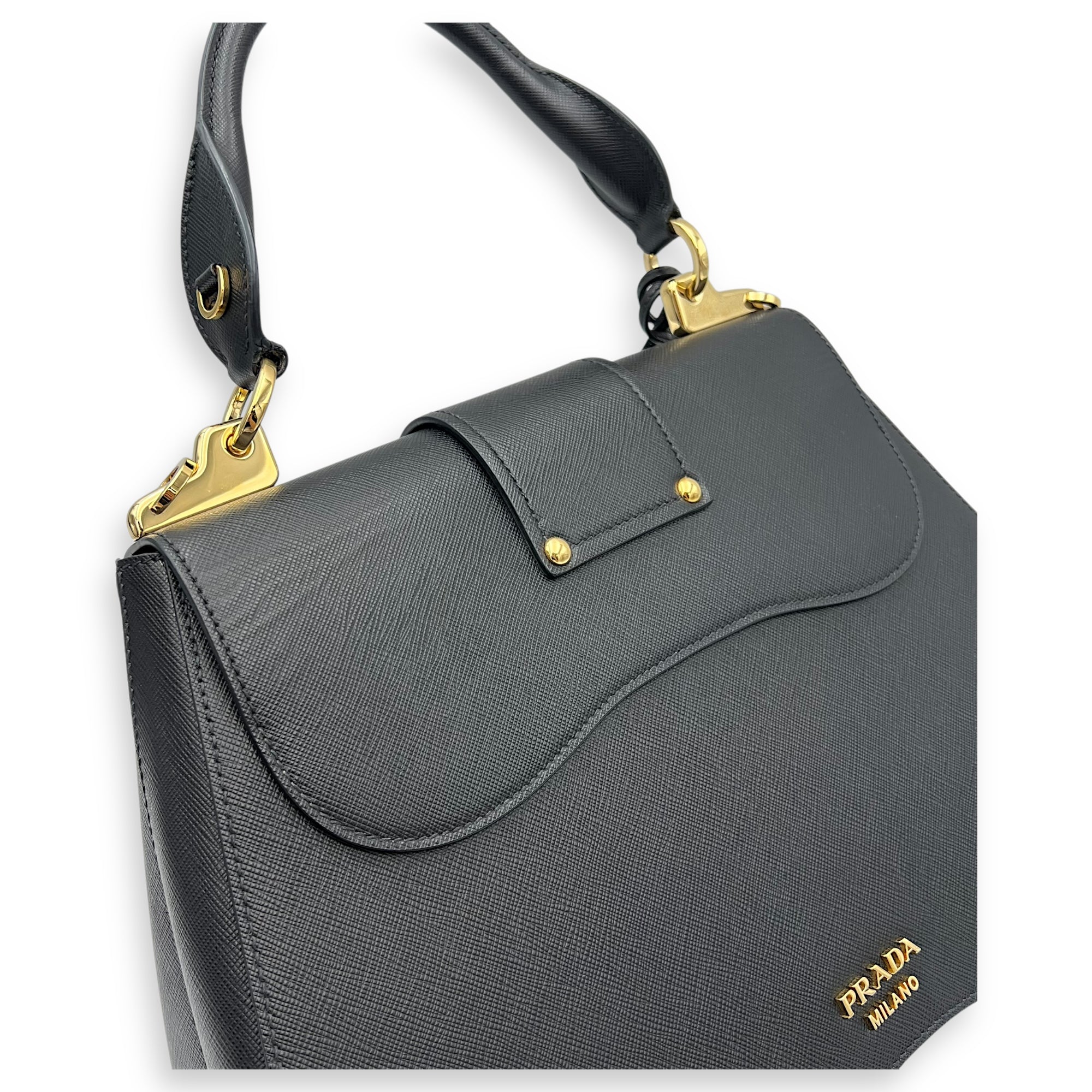 Sidonie Top Handle Bag Black in Saffiano Leather, Gold hardware - Image 11
