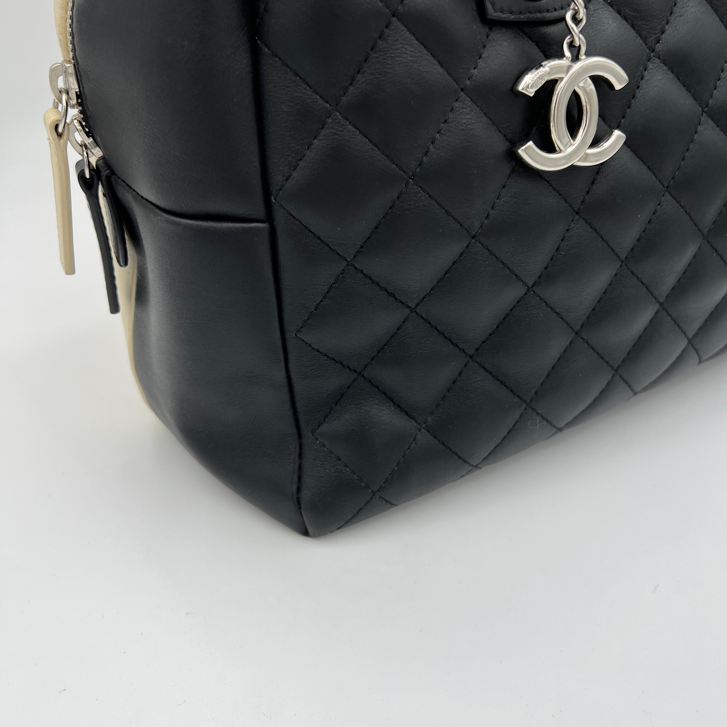 Quilted Feather Weight Bowling Black Top Handle Bag in Calfskin, Silver hardware - Image 10