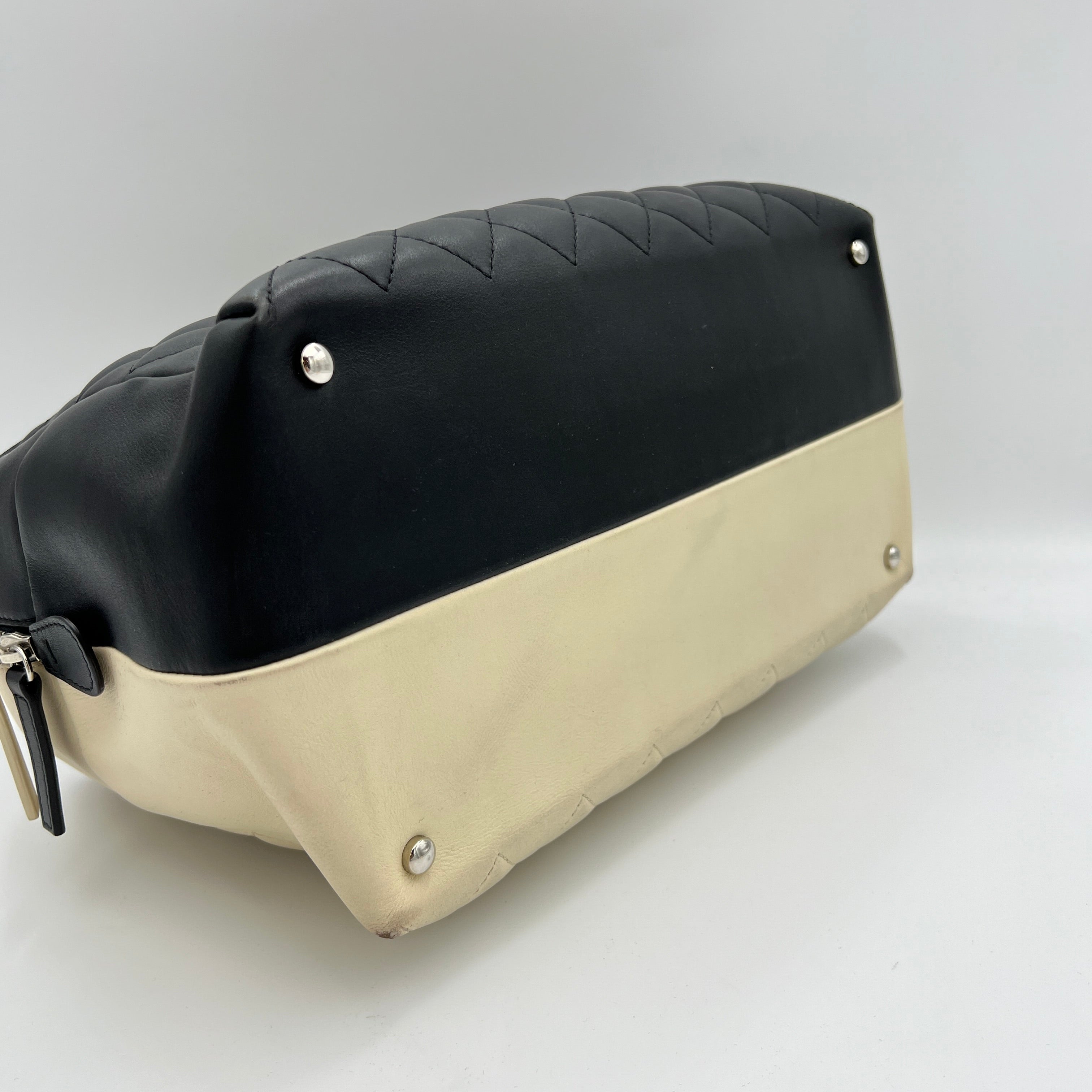 Quilted Feather Weight Bowling Black Top Handle Bag in Calfskin, Silver hardware - Image 5