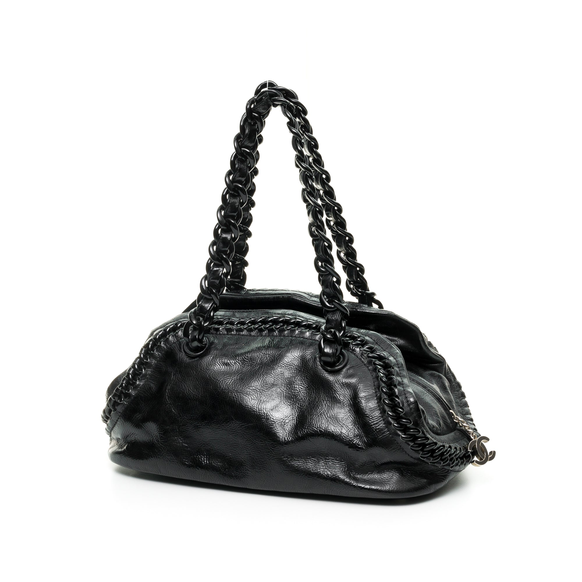 Luxe Ligne Bowler Black Shoulder Bag in Patent Leather, Silver hardware - Image 2